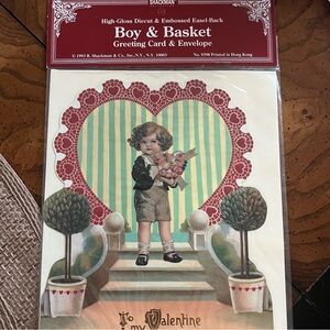 B. SHACKMAN 1993 Die-Cut Embossed Boy & Basket Valentine Easel Card
